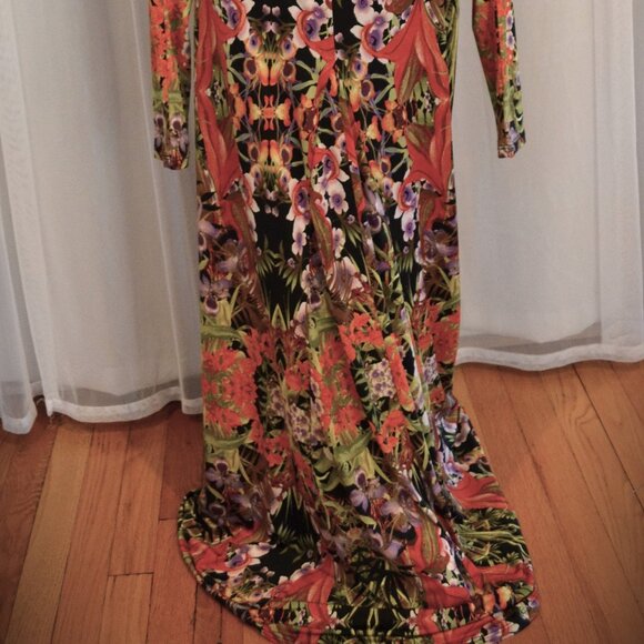"VaVaVoom" Maxi Statement Dress, Fits S-L, Orange/Green/Black Multi Print - Picture 6 of 6